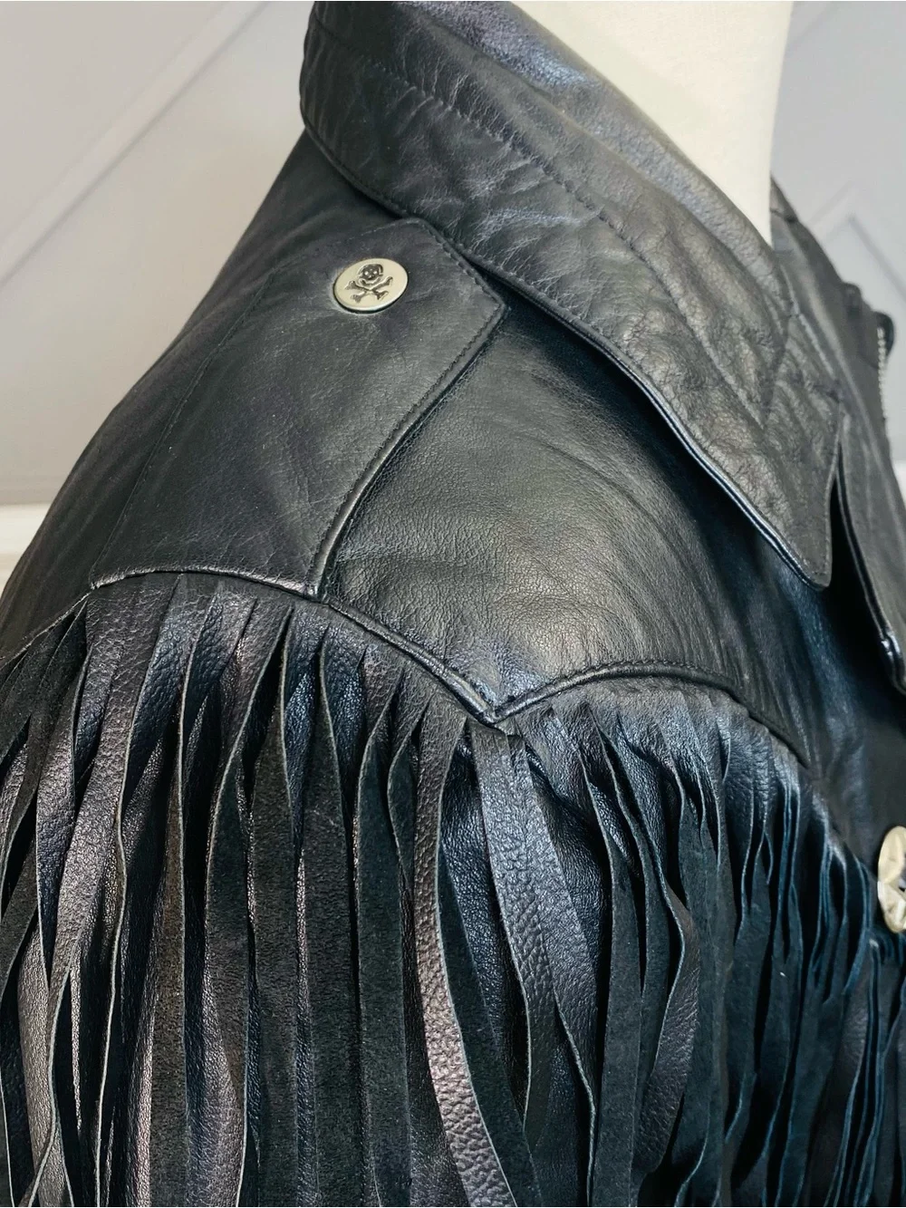 Vintage Leather Warehouse Black Fringe Moto Jacket Belted Western Rock Sz 44